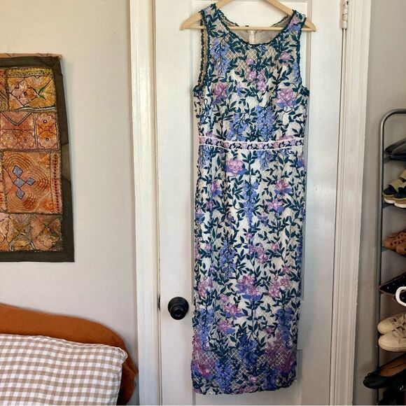 Marchesa Notte Embroidered Floral Blue and Purple Sheath Midi Dress Size 12 - Picture 1 of 7